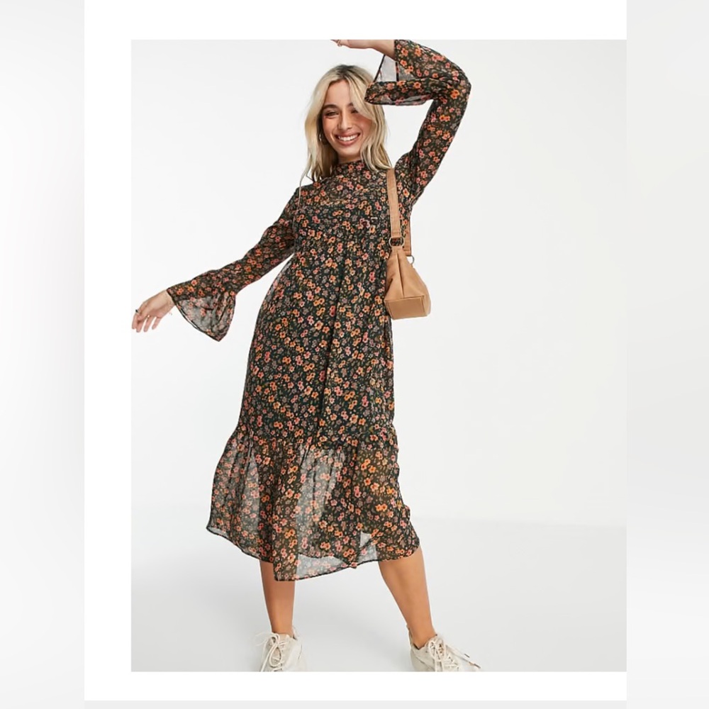 Miss Selfridge Floral Long Sleeve Dress - Black and Orange